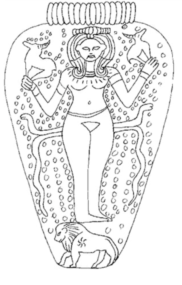 line drawing of a gold pendant from 1500 BCE with Goddess Astarte and animals