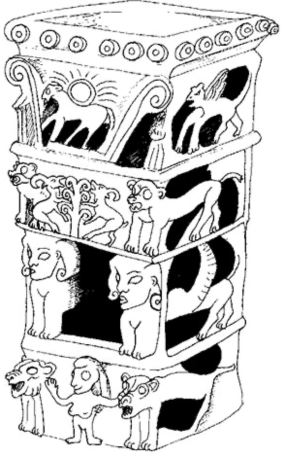 line drawing of a clay cult stand from the 9th century GCE with Goddess Astarte and animals