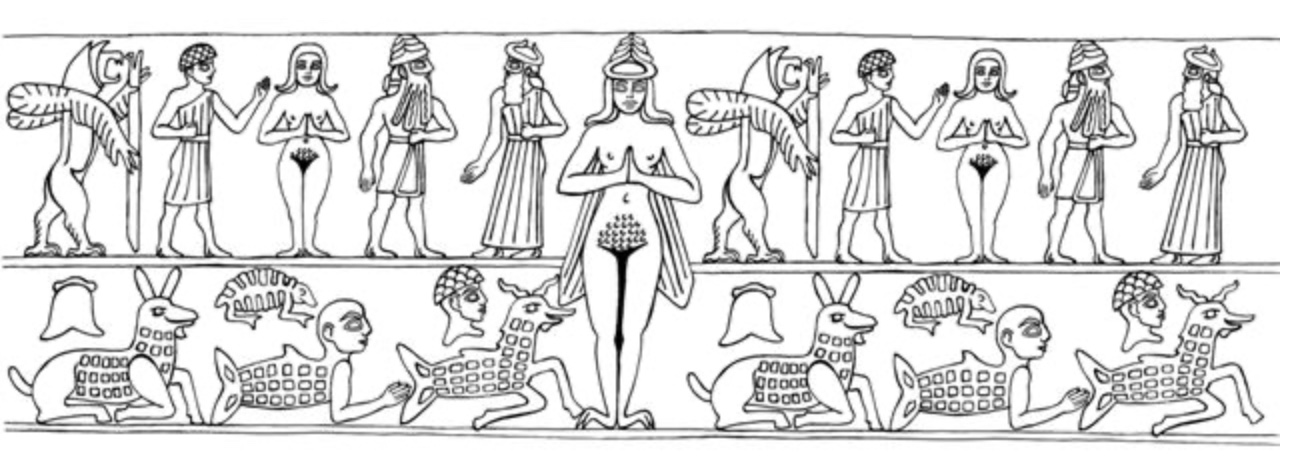 Winged goddess Inanna with deities and devotees