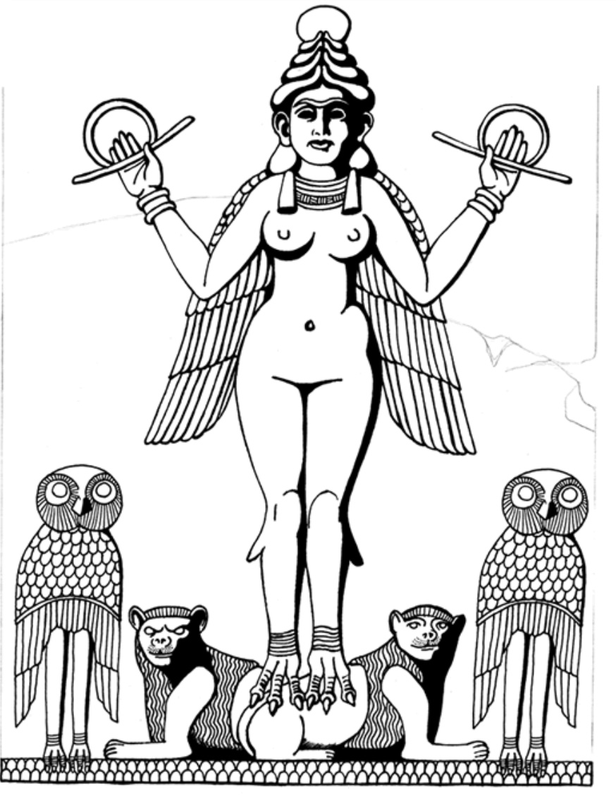 winged goddess with lions and owls
