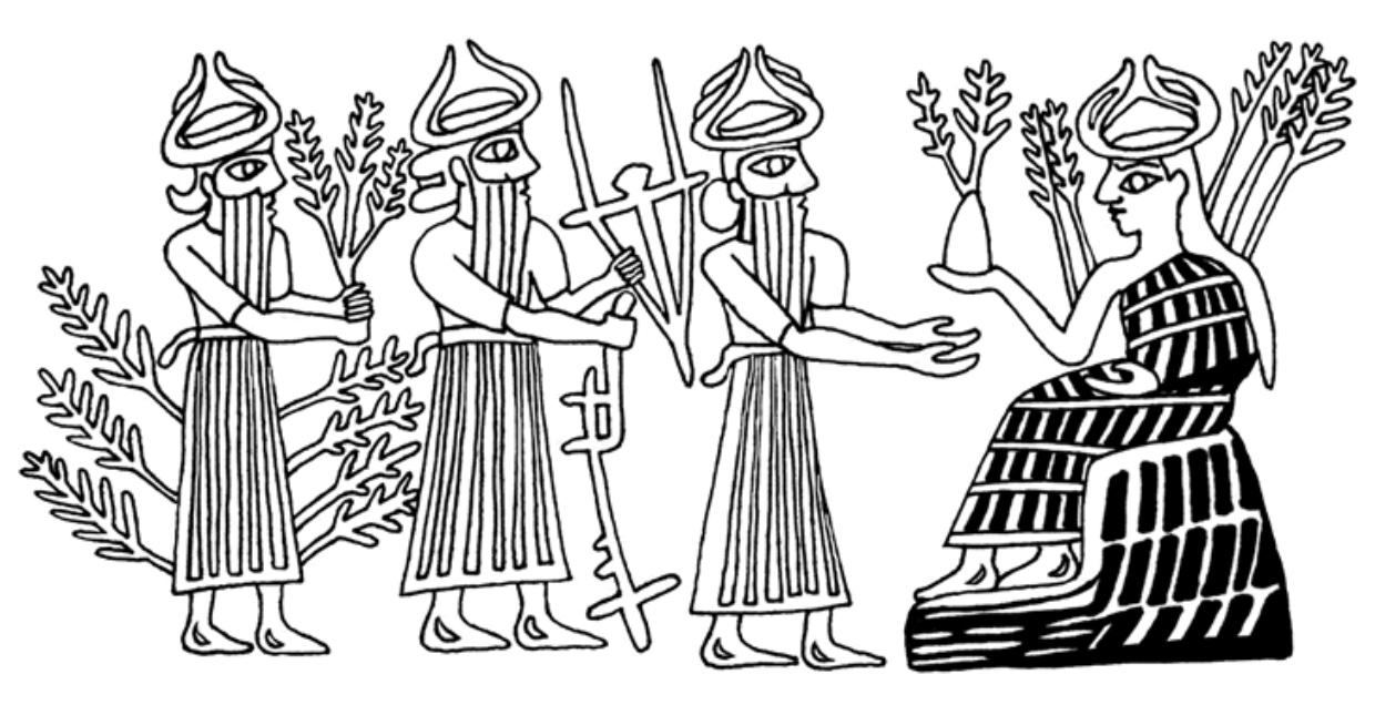 double-horned grain goddess, seated on what might be a storage unit for seed, offering what looks like a pot planted with blades of grain to an important multi-horned god, who holds out his hands to take it