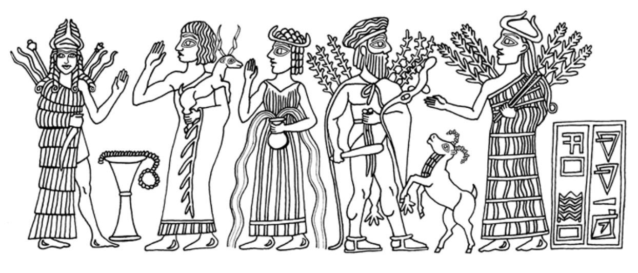 seal, with goddess Ishtar, a minor grain goddess, a bearded semi-human (possibly Gilgamesh), a goat-like creature, a human and minor goddess at worship, offering an sacrifice and a vase pouring two streams of water; also an inscription reading 'Eli-eshtar, scribe' (meaning 'My Deity [is] Ishtar.'