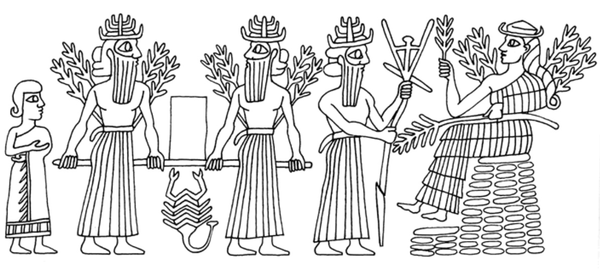 seal: grain goddess (Ishara) with horns and stalks growing out of her shoulders, sitting on a heap of grain, holding grain stalks and receiving a multi-horned male deity who proffers a plow; also, two vegetation deities carrying a box, possibly a depiction of a unit of grain measure; also, a human worshipper