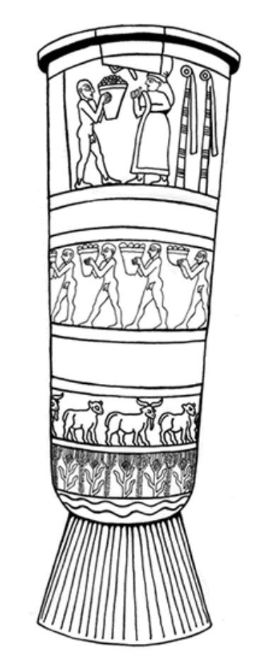 vase decor in four layers: top, Innana, embodied in her high priestess, at her temple; below her, a procession of naked priests carrying gifts of the land's produce to her; below them, sheep and goats; at the bottom, water and grain plants