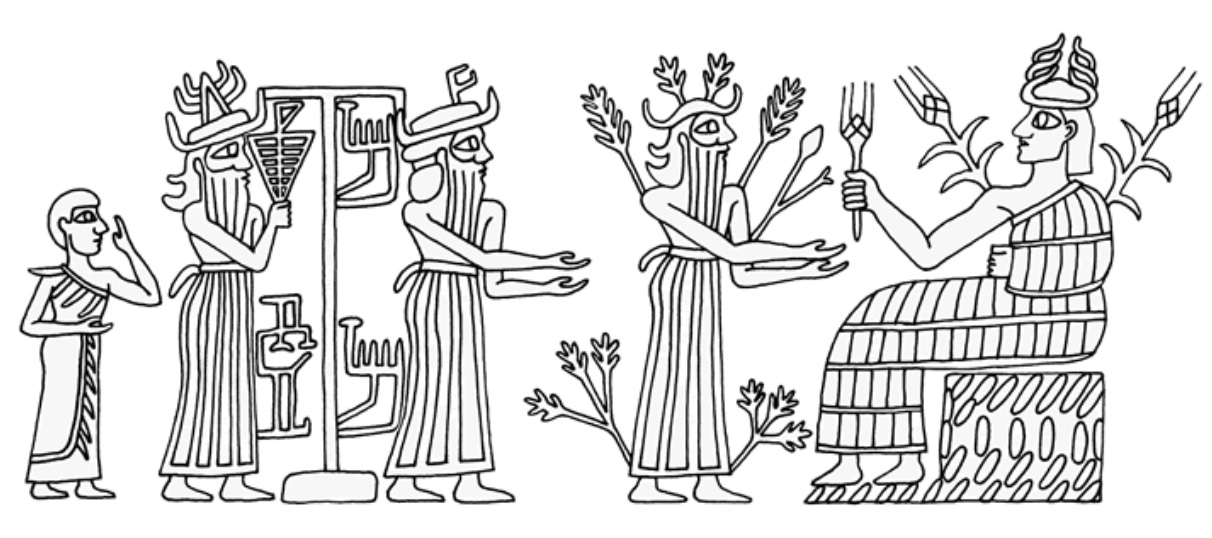 seal: high-ranking grain goddess with triple-horned crown (Nissaba), sitting on a store of seed, receiving a praying, single-horned minor god; both have grain sprouting from their bodies; also two other minor gods and a human worshipper