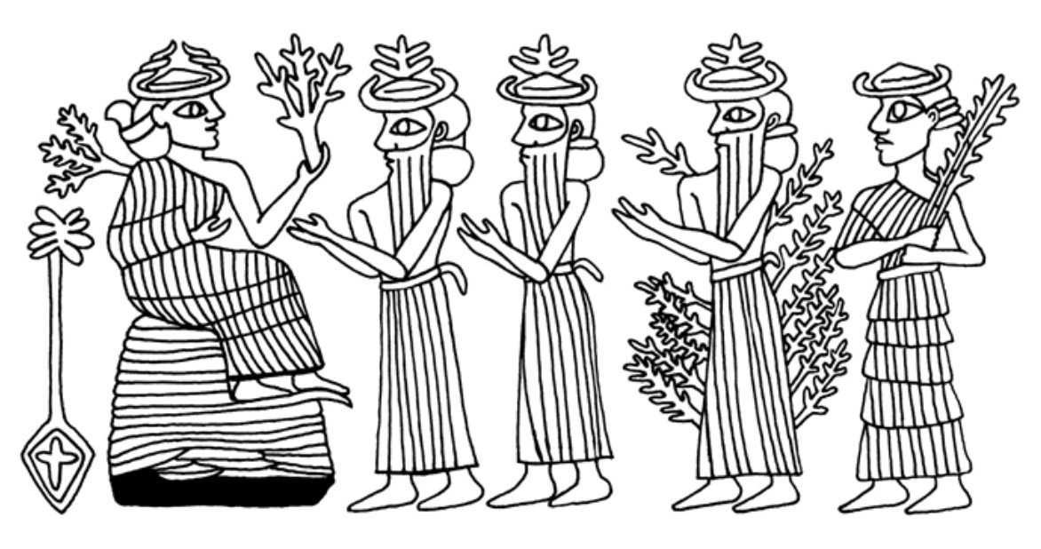 seal: seated grain goddess (Nissaba), holding a stalk of grain, sitting on a storage unit, receiving a minor vegetation/grain god and a minor goddess holding a sheaf of grain; also, a tree planted in a pot