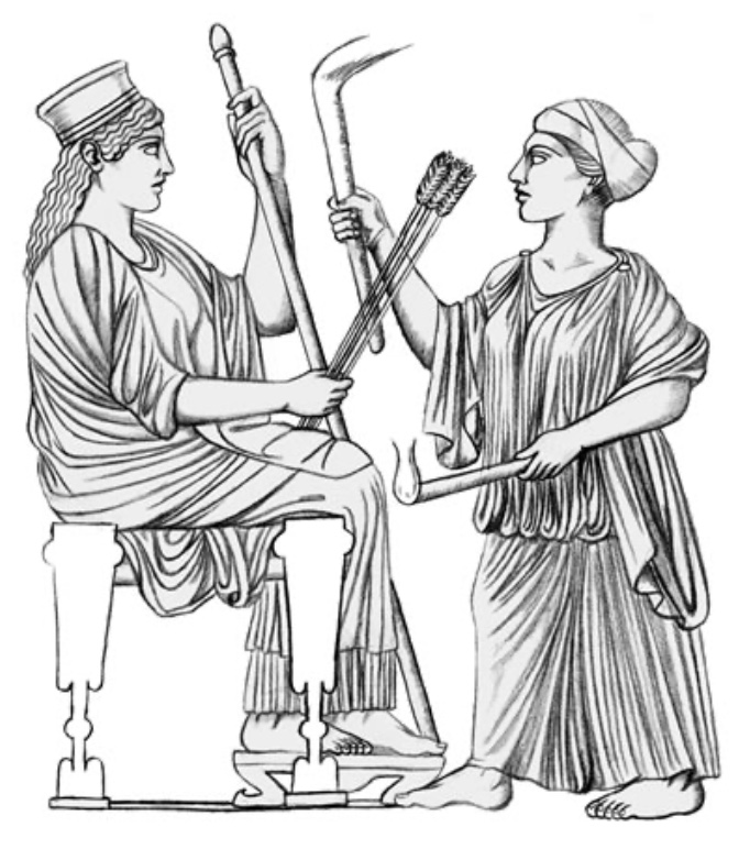 Greek grain goddess Demeter enthroned, with her staff of majesty in one hand and stalks of barley in the other; with her is her daughter Persephone who carries two lit torches, indicative of her status as an Underworld goddess