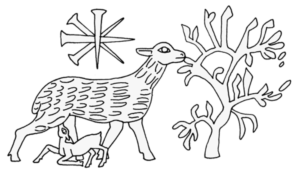 drawing of ewe with suckling lamb; star above ewe identifies her as a goddess