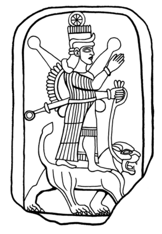 drawing of stone stele, with Ishtar standing on her growling lion