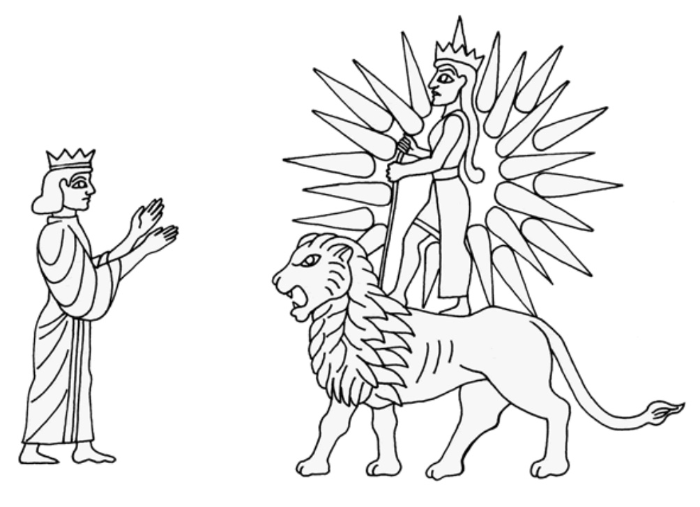 drawing of goddess Ishtar with halo standing on a growling lion; before her is a priest worshipping her
