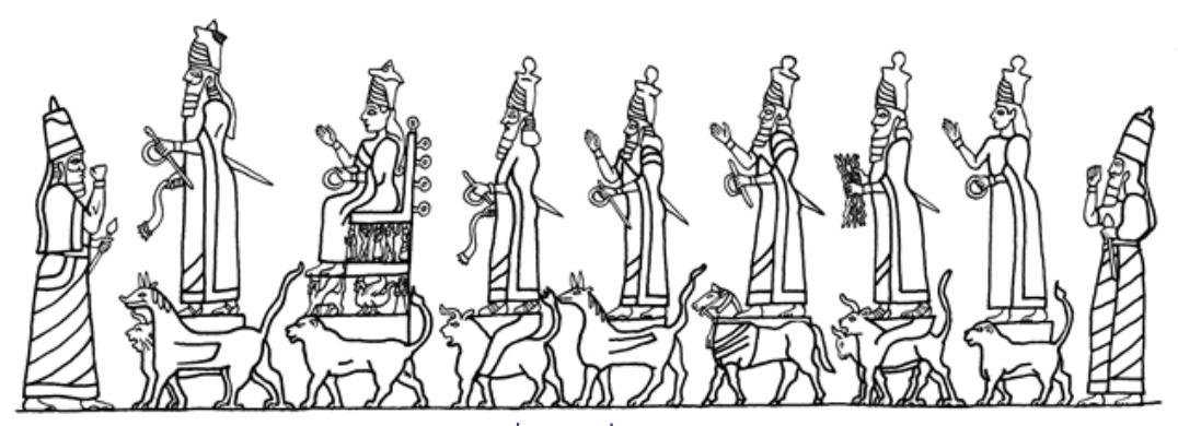 drawing of procession of deities on their sacred animals