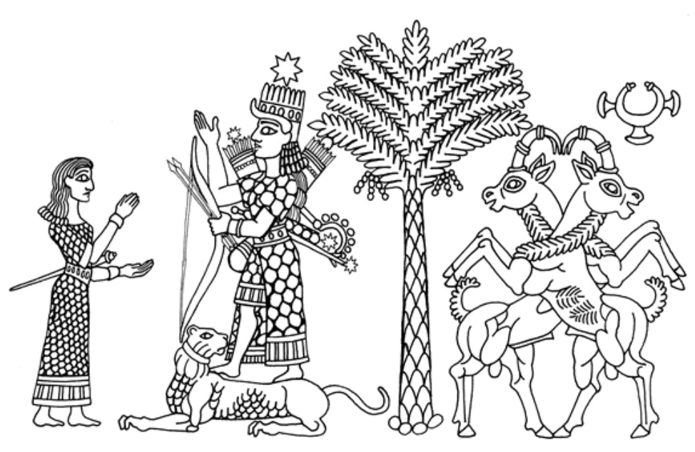 drawing of Ishtar, female worshipper, date palm, and two gazelles
