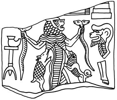 Lion-headed Lamashtu, holding snakes and with pig and dog at her breasts