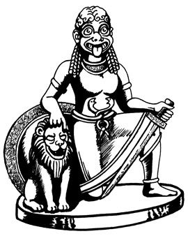 Medusa in kneeling warrio pose with sword, shield, and lion