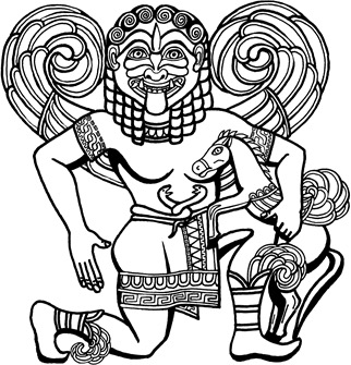 winged Gorgon in warrior pose, holding her horse/son Pegasus